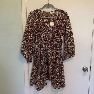 Oddy NWT Women’s Brown Cream Animal Print Long Sleeve Dress Sz S New